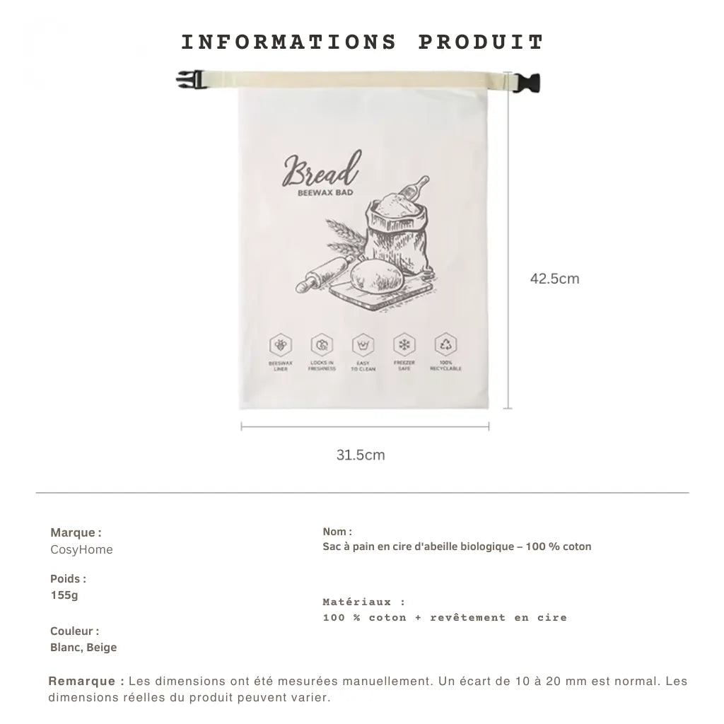 Sac à pain en cire d'abeille biologique – 100 % coton